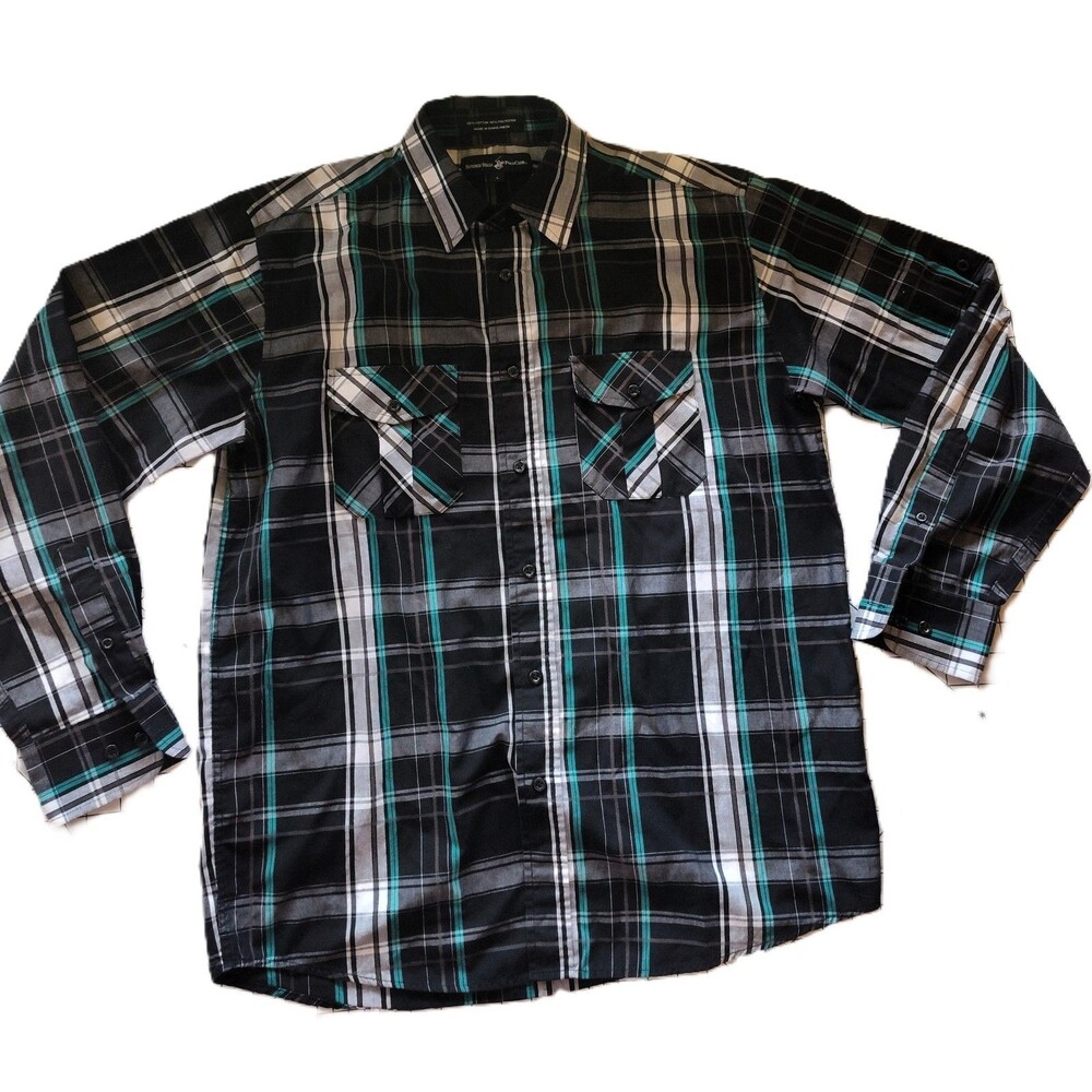 BEVERLY HILLS POLO CLUB Sz L Black Plaid Button Down Shirt Long Sleeve Collared